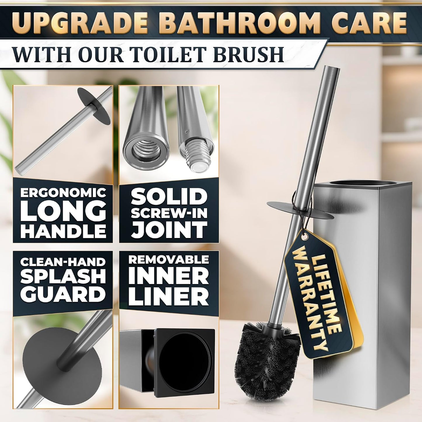 Black Toilet Brush and Holder Set - Slim Matte Design that Fits Anywhere - Stainless Steel Toilet Bowl Brush and Holder with 2 Rounded Corners, Replaceable Head, Removable Inner Bowl & Splash Guard