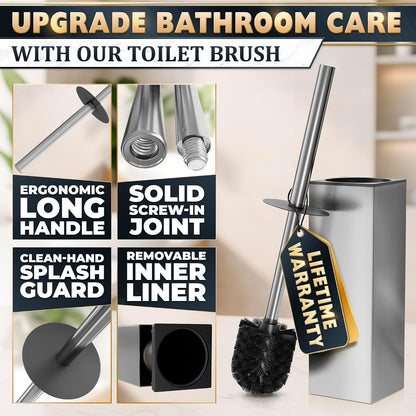 Black Toilet Brush and Holder Set - Slim Matte Design that Fits Anywhere - Stainless Steel Toilet Bowl Brush and Holder with 2 Rounded Corners, Replaceable Head, Removable Inner Bowl & Splash Guard
