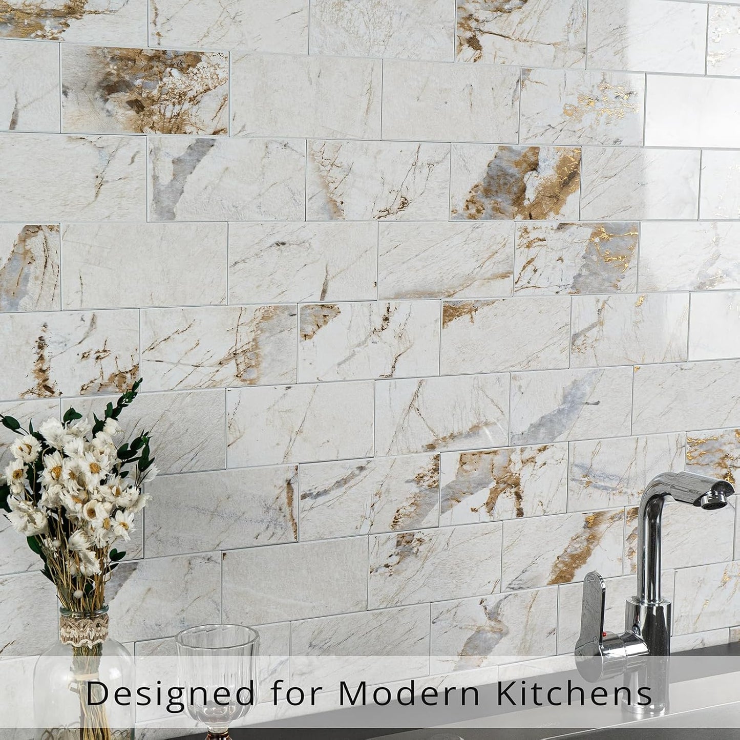 StyloVue 100 Pieces Peel and Stick Backsplash for Kitchen, 3" x 6" PVC Subway Tile, Glossy White with Dark Gray Grout, Self Adhesive Stick on Wall Tiles for Kitchen, Bathroom, Fireplace, RV