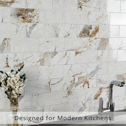 StyloVue 100 Pieces Peel and Stick Backsplash for Kitchen, 3" x 6" PVC Subway Tile, Glossy White with Dark Gray Grout, Self Adhesive Stick on Wall Tiles for Kitchen, Bathroom, Fireplace, RV
