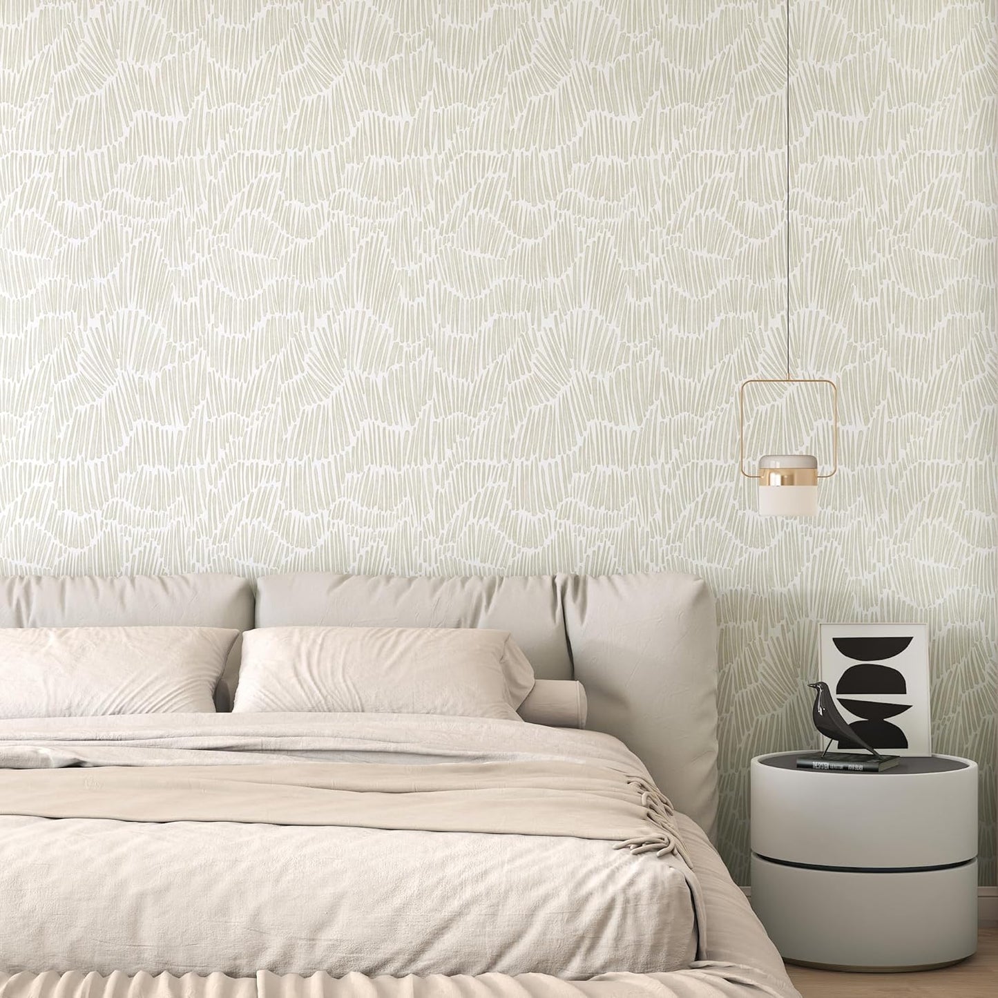 Theper Beige Wallpaper 17.3"×78.8" Modern Striped Peel and Stick Wallpaper Boho Removable Self Adhesive Wall Paper for Bedroom Waterproof White and Gold Contact Paper for Cabinets Vinyl