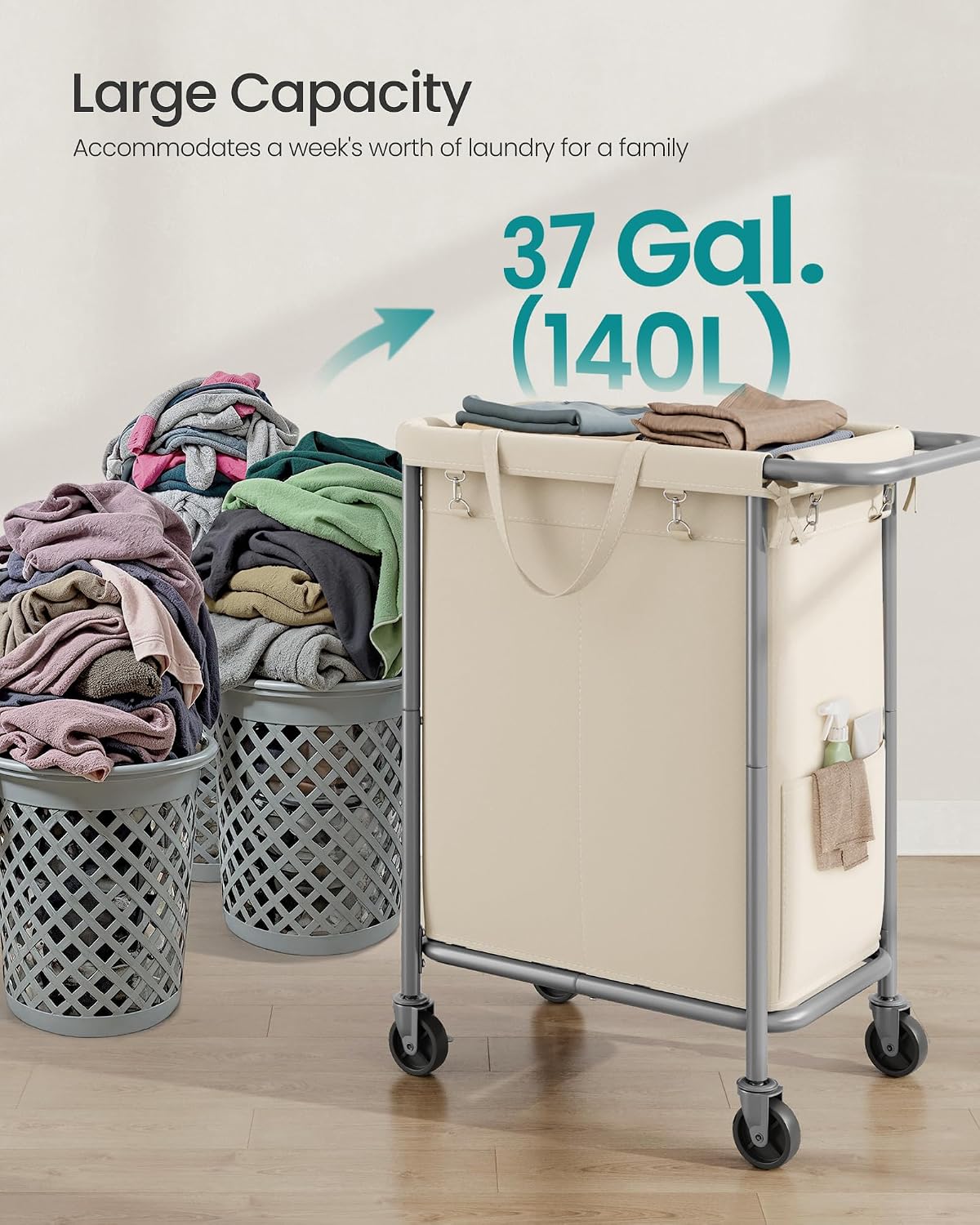 SONGMICS Laundry Basket with Wheels, 3-Section Rolling Laundry Hamper, 52.8 Gallons (200 L), Removable Liner, Steel Frame with Handle, 35.8 x 15.4 x 31.9 Inches, Cream White URLS005W01