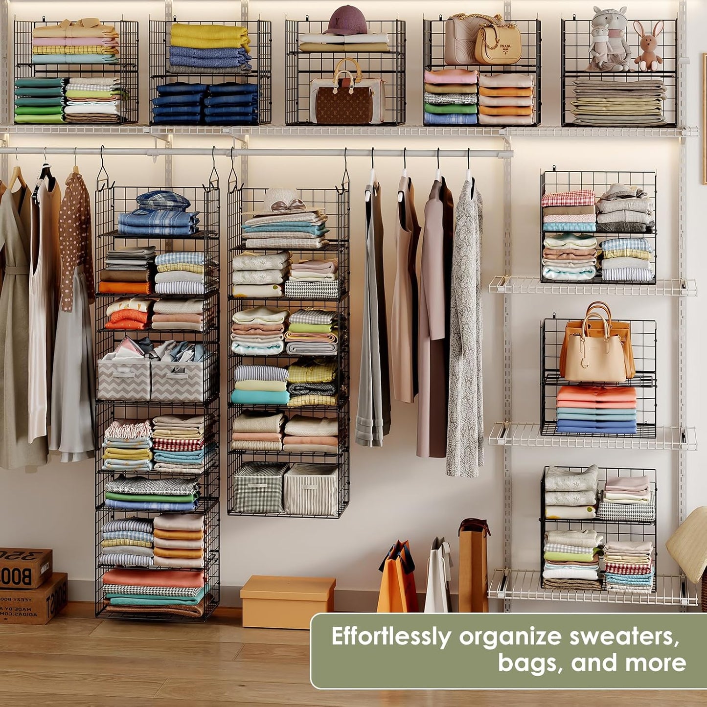 X-cosrack Closet Hanging Organizer Shelves - 5 Tier Wardrobe Organizers and Storage Bin, Hanging Organizer Shelves, Clothes Shelf with Adjustable Dividers for Bedroom Closet Sweater Shoes Handbag