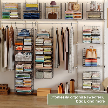 X-cosrack Closet Hanging Organizer Shelves - 5 Tier Wardrobe Organizers and Storage Bin, Hanging Organizer Shelves, Clothes Shelf with Adjustable Dividers for Bedroom Closet Sweater Shoes Handbag