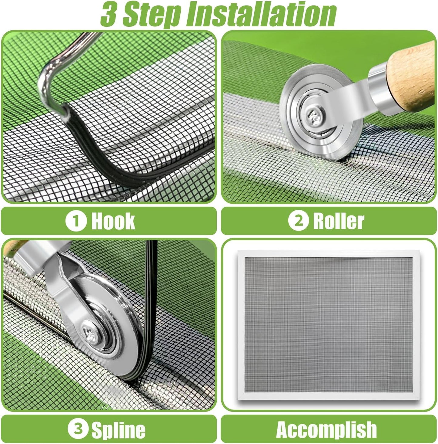 King&Charles 3 in 1 Screen Repair Kit, Bearing Steel Screen Roller Tool with 0.14 in x 32 ft Spline and Removal Hook for Window Screens, Screen Doors, Patio and RV Mesh Replacement