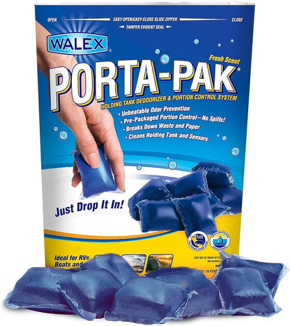 Walex Porta-Pak Black Holding Tank Deodorizer & Portion Control System Drop-Ins - Rapid Breakdown of Waste & Paper, Odor Prevention, Cleans Tank & Sensors - Lavender Breeze, 10-Pack
