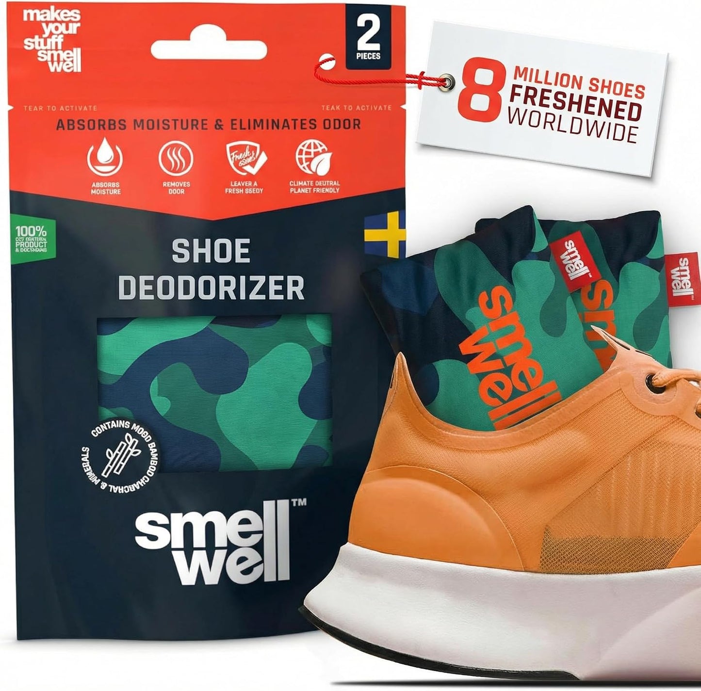 SmellWell - Scented Shoe Deodorizer Inserts - Odor Eliminators - Activated Bamboo Charcoal + Minerals - Natural Fresheners for shoes, bags, gloves - 2 x 1.8oz Original Size - Black Zebra