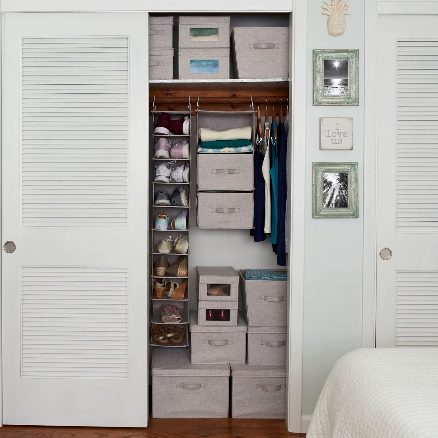 Household Essentials 311322 Hanging Shoe Storage Organizer for Closets |10 Pocket Shelves | Natural Canvas