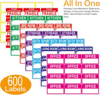 300 Count 3.5 x 2 Large Home Moving Packing Box Labels for 3-4 Bedroom House with Writable Notes Areas, 7 Color Coded Moving Labels for Boxes + Fragile Moving Stickers