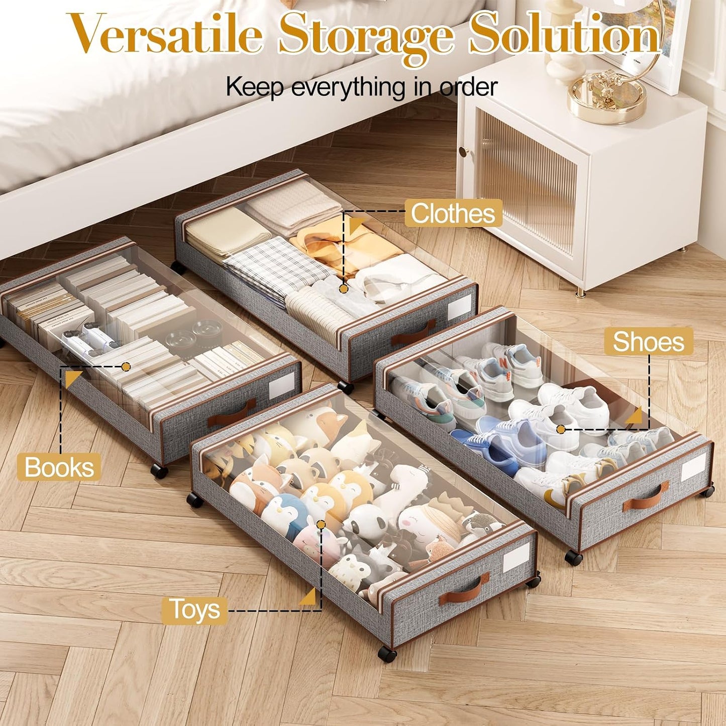 Yecaye Under Bed Storage with Wheels, 2 Pack Under the Bed Storage Containers with Lids & Label, XXL 60L Rolling Underbed Storage Drawers for Clothes, Blankets, Shoes, Black