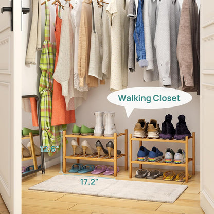 viewcare 3-Tier Black Bamboo Shoe Rack for Entryway, Stackable | Foldable | Natural, Shoe Shelf Storage Organizer for Hallway Closet, Free Standing Shoe Racks for Indoor Outdoor