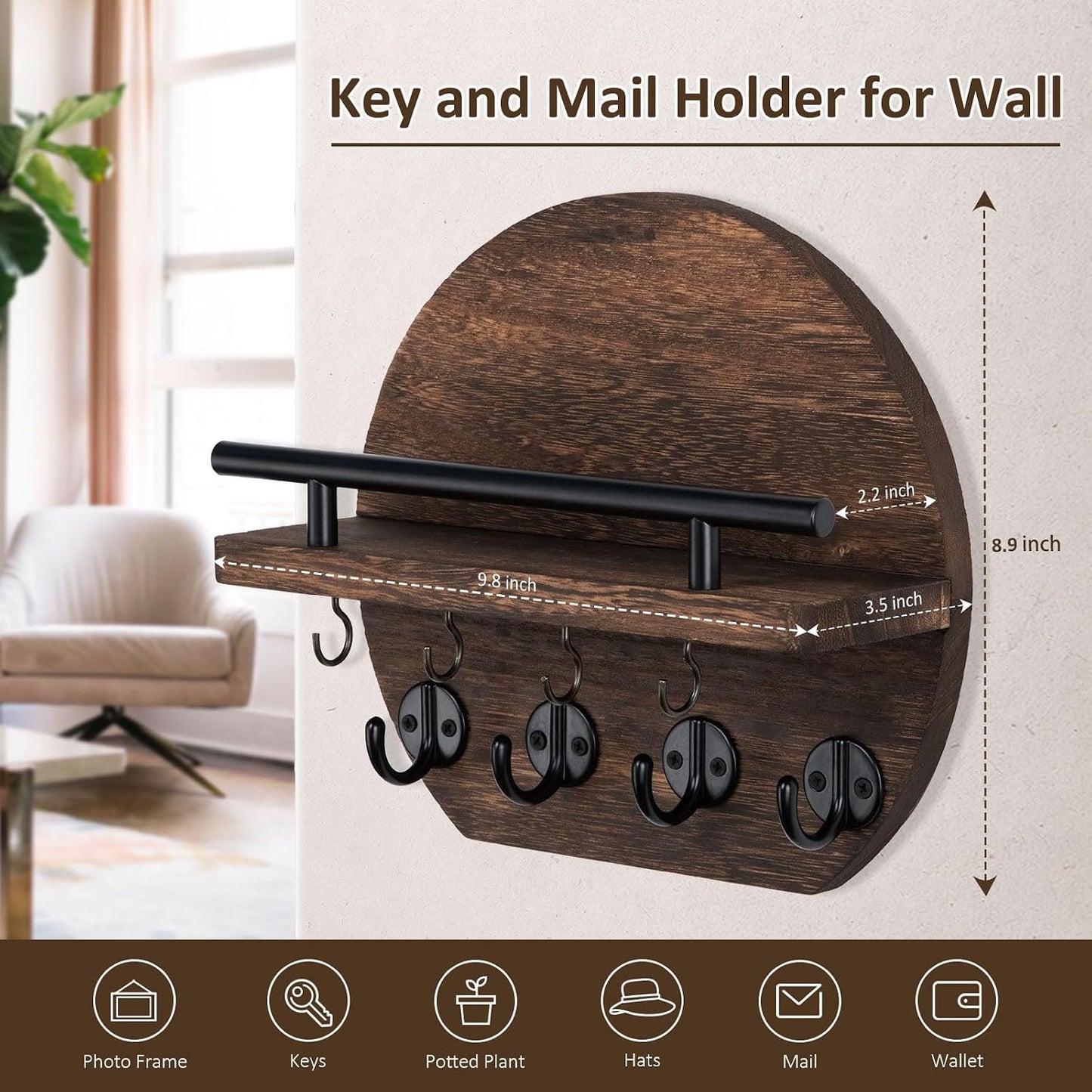Nekon Key Holder for Wall - 9.8 Inch Apartment Wall Decor with Shelf and 8 Key Hooks, Circular Wood Key Hanger for Home Decor (Black with Golden Hooks)