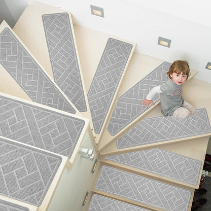 15 Pack 8 "X 30" Non-Slip Carpet Stair Treads for Indoor Wooden Steps, Made of Polyester and Reusable Adhesive, Suitable for Kids Elders and Pets（Black Lines）