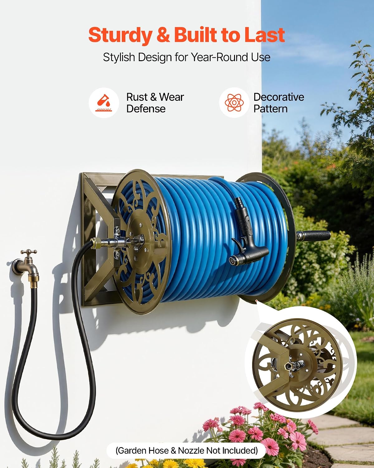 VEVOR Wall Mounted Garden Hose Reel, Holds 125 ft 5/8-inch Hose, Heavy-Duty Water Hose Winder, Space-Saving Design, Outdoor Manual Reel with Brass Fitting and Storage Basket for Yard Lawn