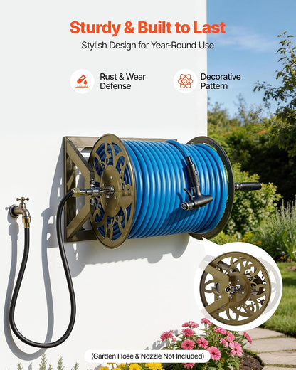 VEVOR Wall Mounted Garden Hose Reel, Holds 125 ft 5/8-inch Hose, Heavy-Duty Water Hose Winder, Space-Saving Design, Outdoor Manual Reel with Brass Fitting and Storage Basket for Yard Lawn
