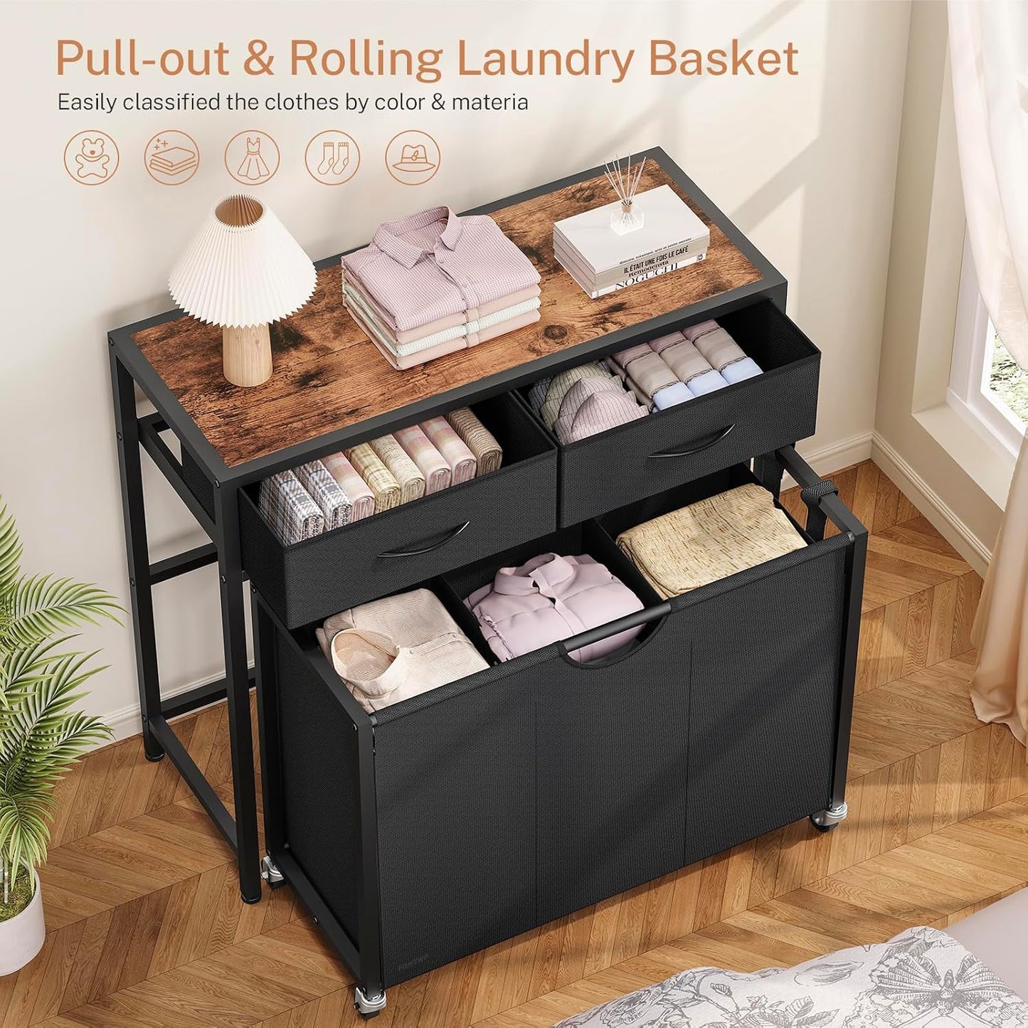 Laundry Sorter 3 Section, 120 L Laundry Hamper with 2 Drawers & 2-tone Top Panel, Rolling Laundry Basket Organizer with Pull-Out Removable Oxford Fabric Bags for Laundry Room Organization UNZYL006BVV3