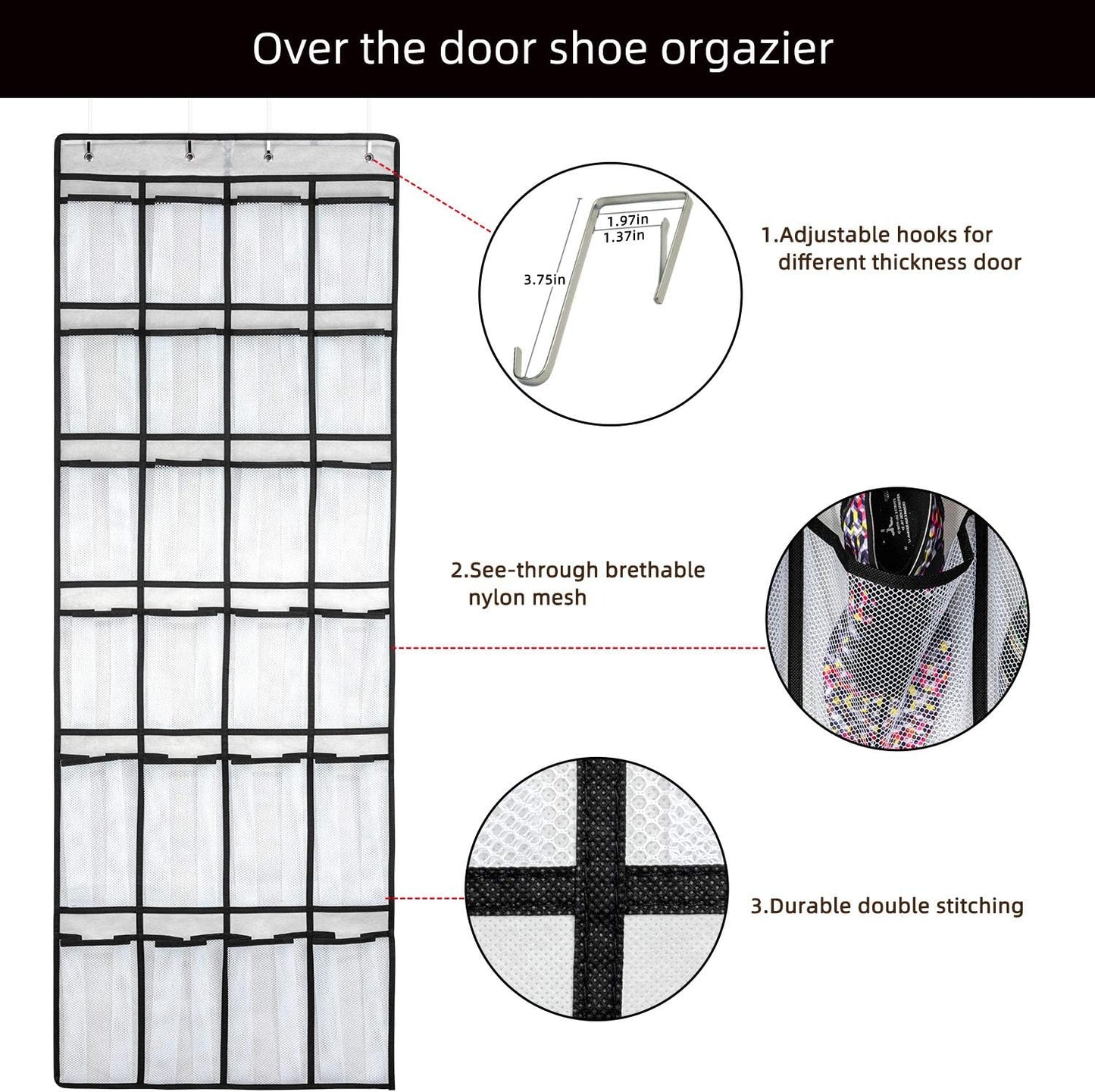 SAVERHO Over the Door Shoe Organizer, Hanging Shoe Organizer with 24 Mesh Large Pockets Door Shoe Rack Organizer for Men Women Kids Hanging Shoe Storage Bag.(White