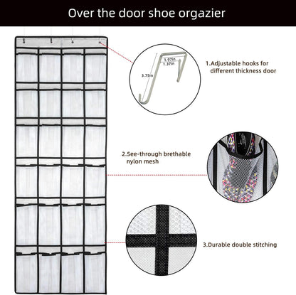 SAVERHO Over the Door Shoe Organizer, Hanging Shoe Organizer with 24 Mesh Large Pockets Door Shoe Rack Organizer for Men Women Kids Hanging Shoe Storage Bag.(White
