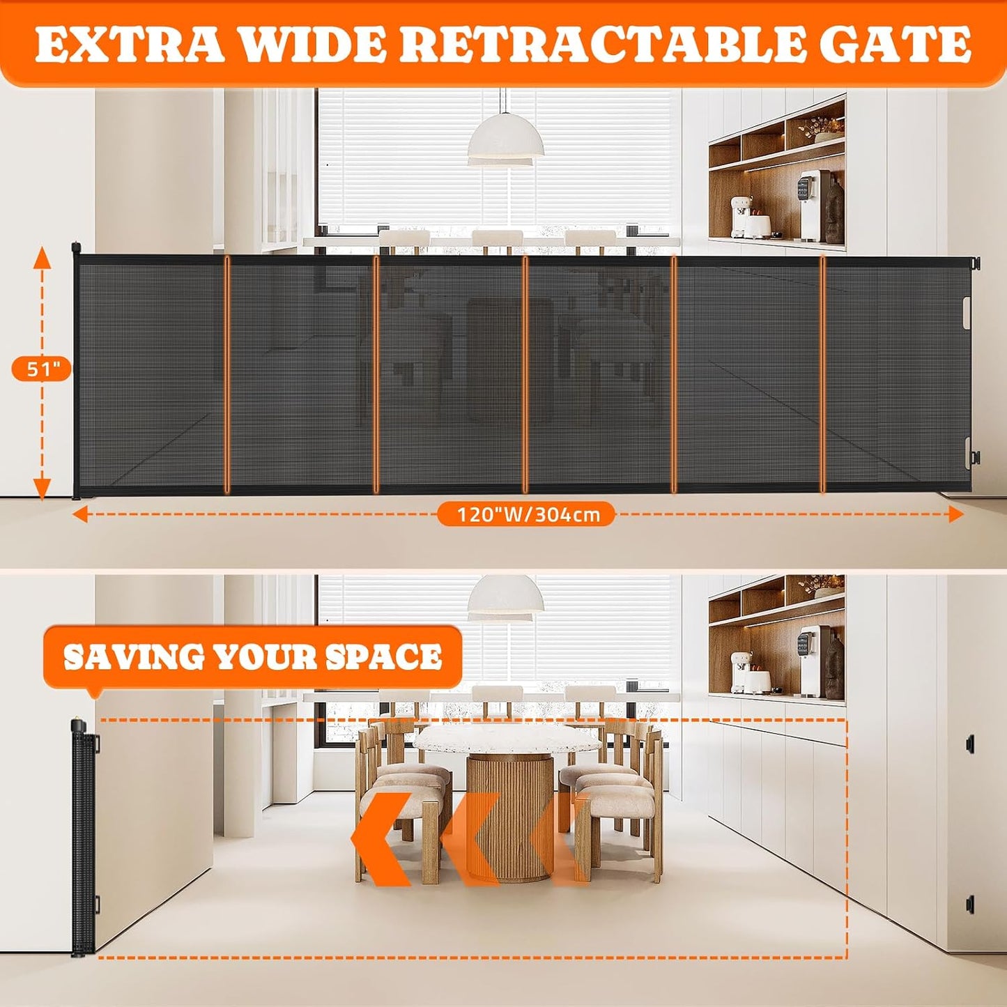 Pawtners Retractable Baby Gates Extra Wide, 41" Tall Extends up to 71" Wide, Dog Gate Indoor for Stairs, Pet Gate with Support Rods for Doorways Hallways Indoor & Outdoor-Black