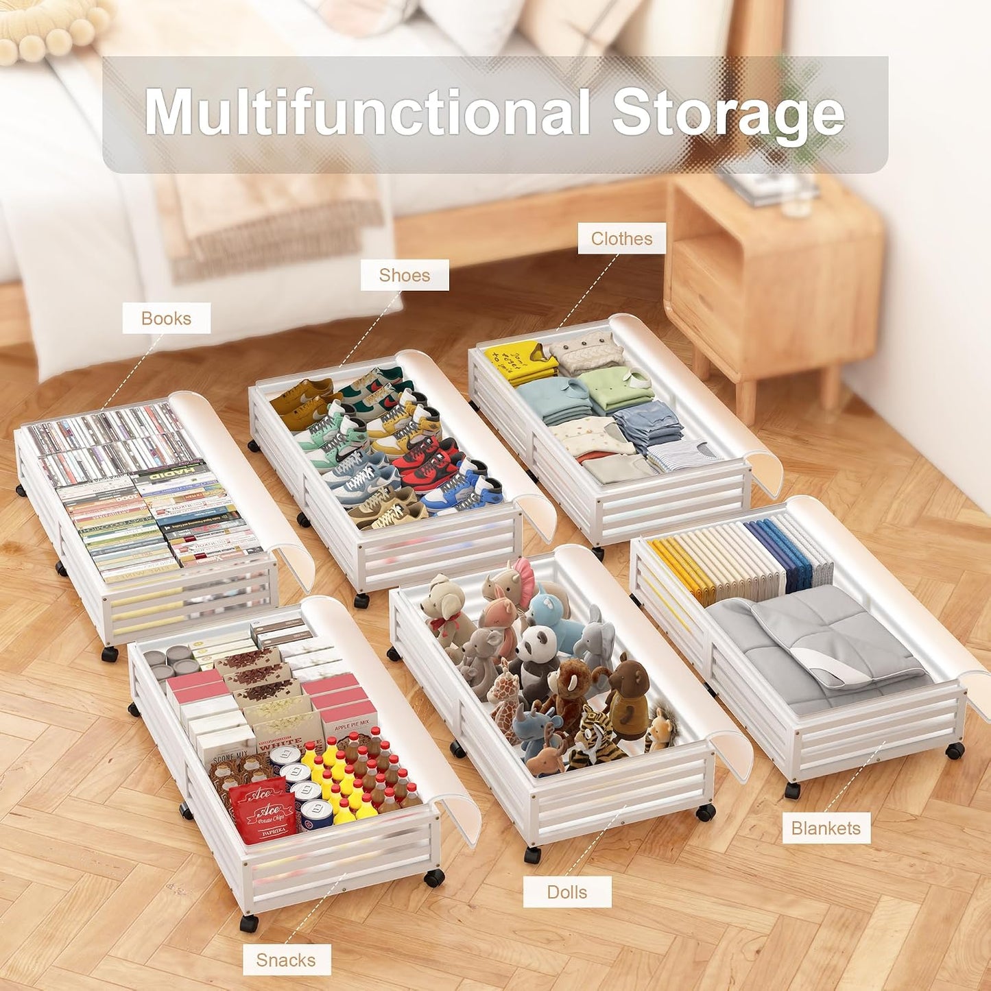 Under Bed Storage with Wheels-Large Bamboo Underbed storage Containers with Large Dust Bag Stackable Under the Bed Shoe Storage Bins for Clothes Books Bedding (2 Packs Nature, 23.62"L×16.54"W× 6.51"H)