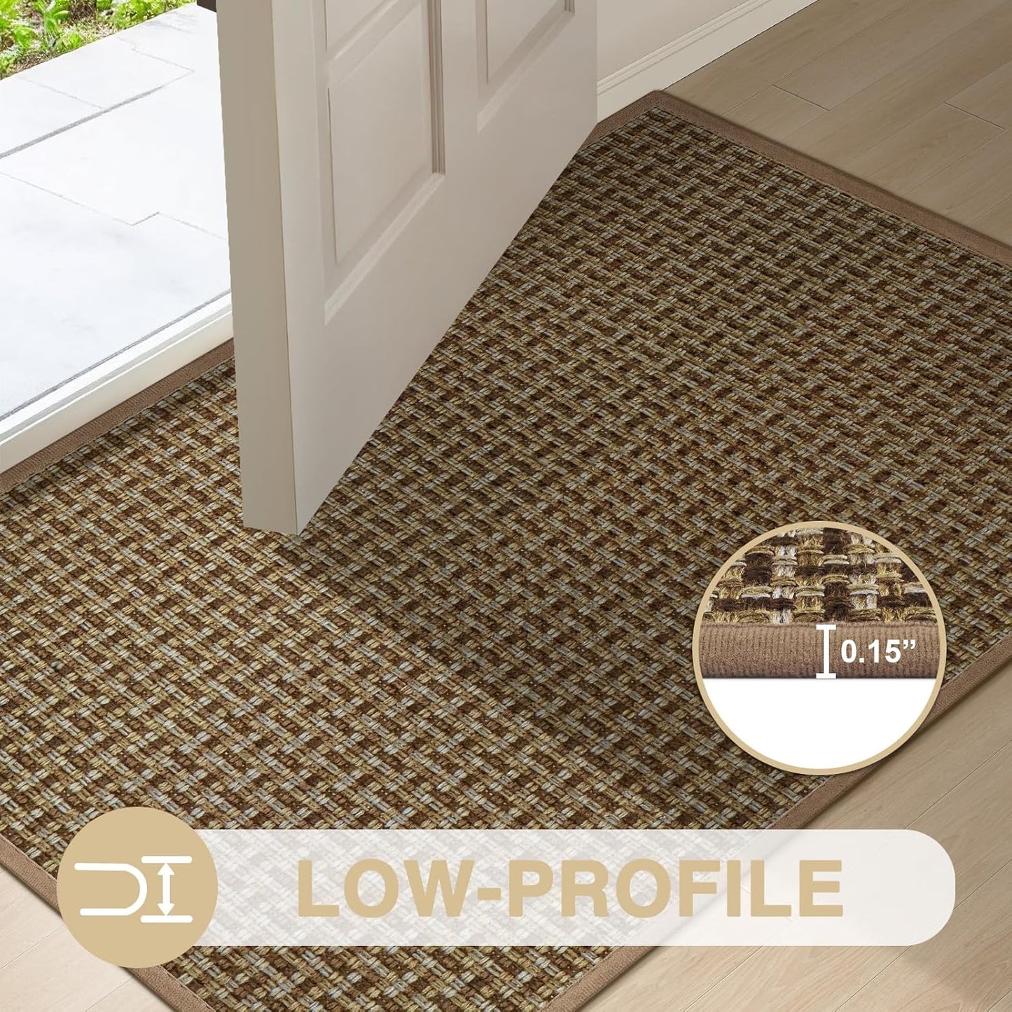 LEKEEPGO Ultra Thin Indoor Door Mat 17"x29", Low-Profile Door Mat Indoor Entrance, Non Slip Rubber Backing Inside Doormat Washable Welcome Front Entryway Dirt Trapper Entry Mat, Khaki