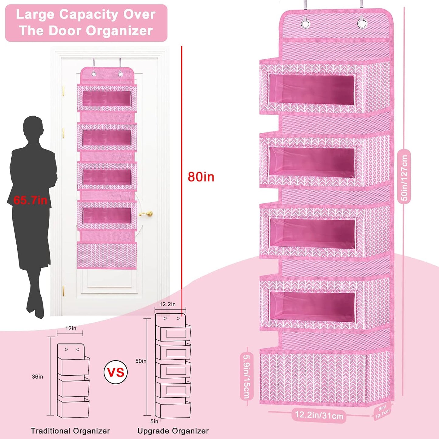 Over The Door Hanging Organizer Storage with 5 Large Pockets,Wall Mount Clear Windows and 2 Widened Metal Hooks for Pantry,Nursery,Diapers,Bathroom,Kitchen,Closet,Dorm