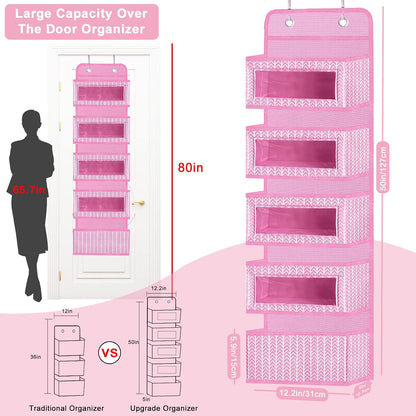 Over The Door Hanging Organizer Storage with 5 Large Pockets,Wall Mount Clear Windows and 2 Widened Metal Hooks for Pantry,Nursery,Diapers,Bathroom,Kitchen,Closet,Dorm
