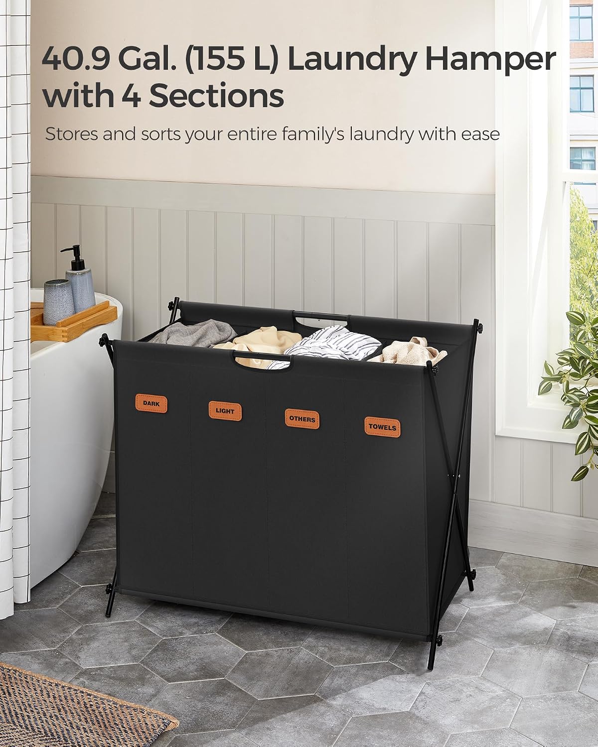 SONGMICS Laundry Hamper, Laundry Basket, 35.7 Gal. Laundry Sorter 3 Sections, Collapsible X-Frame, Clothes Organizer with Customizable Labels, Laundry Room, Bedroom, Bathroom, Slate Gray ULCB130G01
