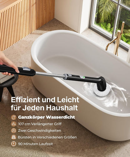 LyriFine Electric Spin Scrubber, New Full-Body IPX7 Waterproof Bathroom Cleaner Brush, Shower Scrubber with Long Handle & 2 Speed, Heads Replacement, Cleaning Supplies for Tub Shower Tile Floor