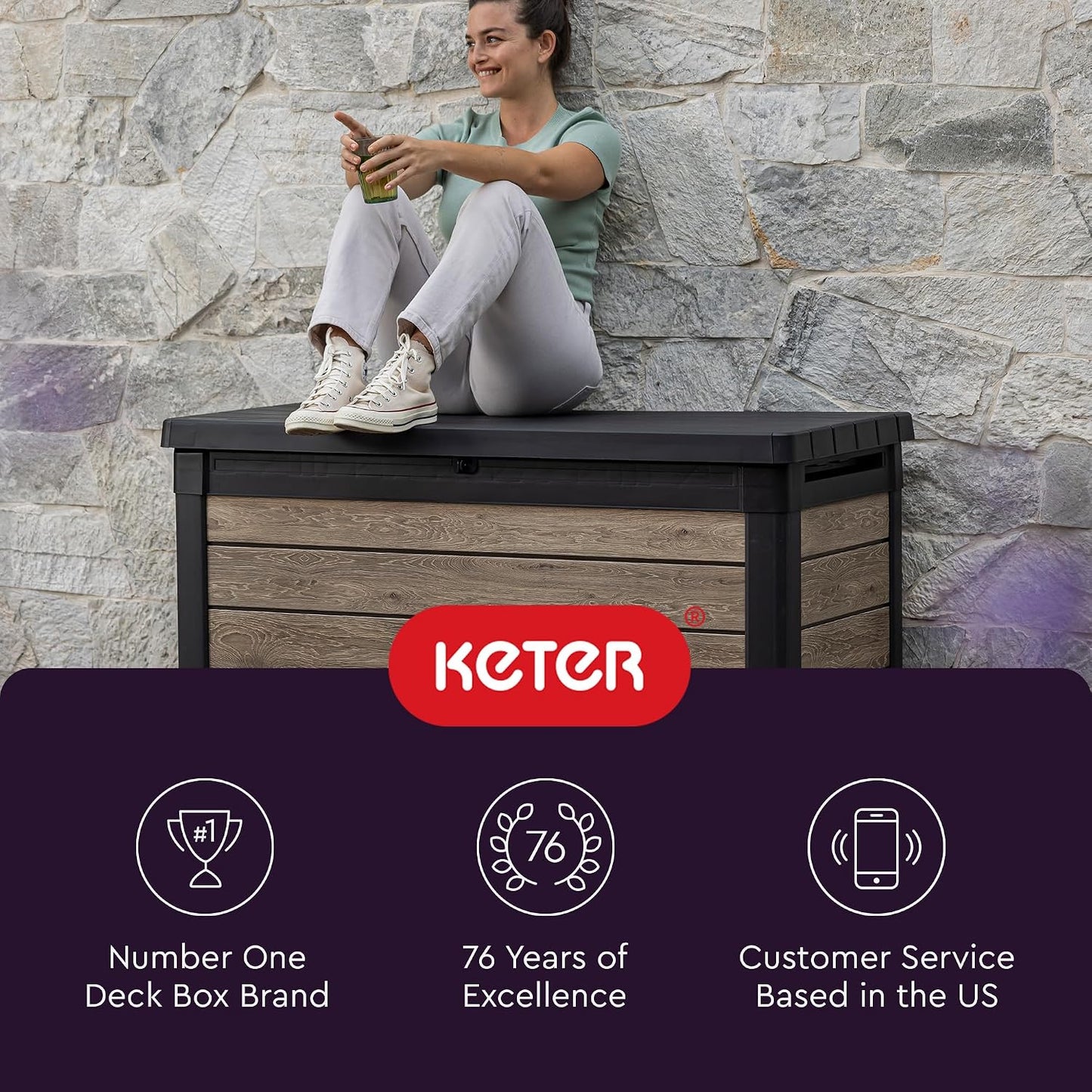 Keter Signature Everwood 30 Gallon Resin Outdoor Storage Box and Patio Furniture Side Table for Pool and Garden Accessories, Walnut