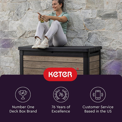 Keter Signature Everwood 30 Gallon Resin Outdoor Storage Box and Patio Furniture Side Table for Pool and Garden Accessories, Walnut