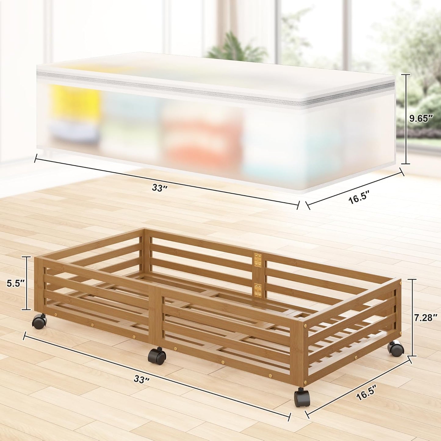 Under Bed Storage with Wheels-Large Bamboo Underbed storage Containers with Large Dust Bag Stackable Under the Bed Shoe Storage Bins for Clothes Books Bedding (2 Packs Nature, 23.62"L×16.54"W× 6.51"H)