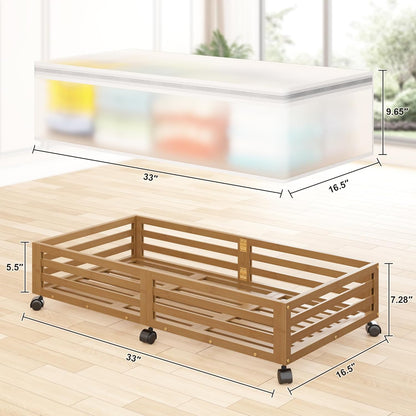 Under Bed Storage with Wheels-Large Bamboo Underbed storage Containers with Large Dust Bag Stackable Under the Bed Shoe Storage Bins for Clothes Books Bedding (2 Packs Nature, 23.62"L×16.54"W× 6.51"H)