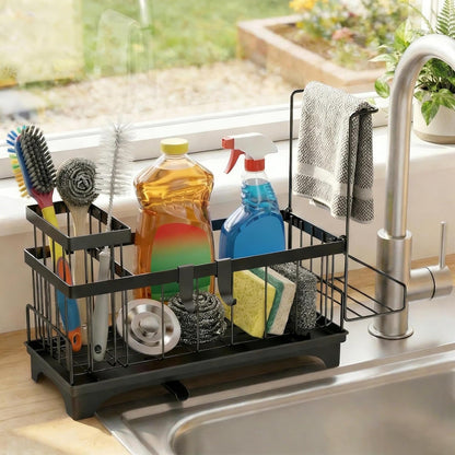 Sponge Holder for Kitchen Sink, Sink Caddy Organizer with Detachable Cloth & Brush Holder, Self-Draining Sponge Caddy Organizer with 360° Rotatable Spout, Kitchen Countertop Storage Accessories(Black)