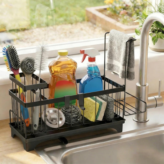 Sponge Holder for Kitchen Sink, Sink Caddy Organizer with Detachable Cloth & Brush Holder, Self-Draining Sponge Caddy Organizer with 360° Rotatable Spout, Kitchen Countertop Storage Accessories(Black)