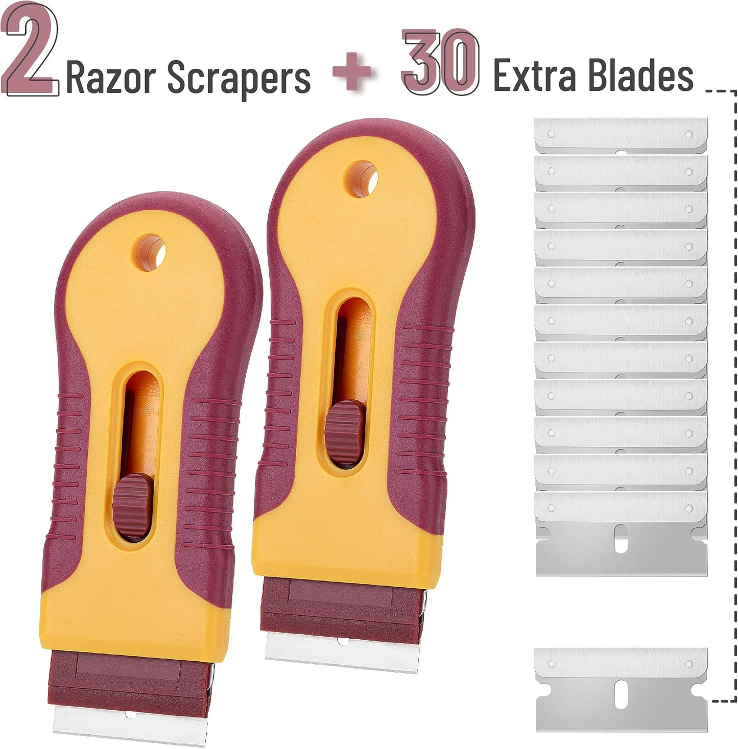 Bates- Razor Blade Scraper Tool, 2 Pack, 30 Extra Stainless Steel Blades, Anti-Slip Ergonomic Handle Design, Razor Scraper Set for Cleaning Window, Paint, Oven, Glass, Stove