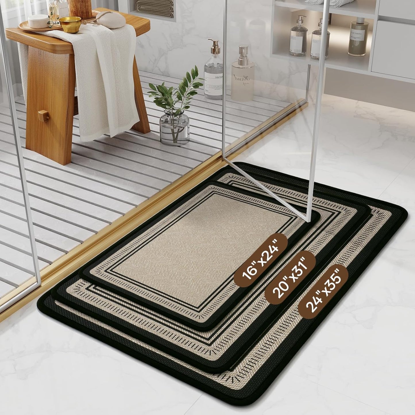 Non Slip Bath Mat with Rubber Backing, Absorbent Quick Dry Bath Rugs Washable, Thin Bathroom Rugs Fit Under Door for Bathroom Floor, Shower and Sink, 16"×24", Grey