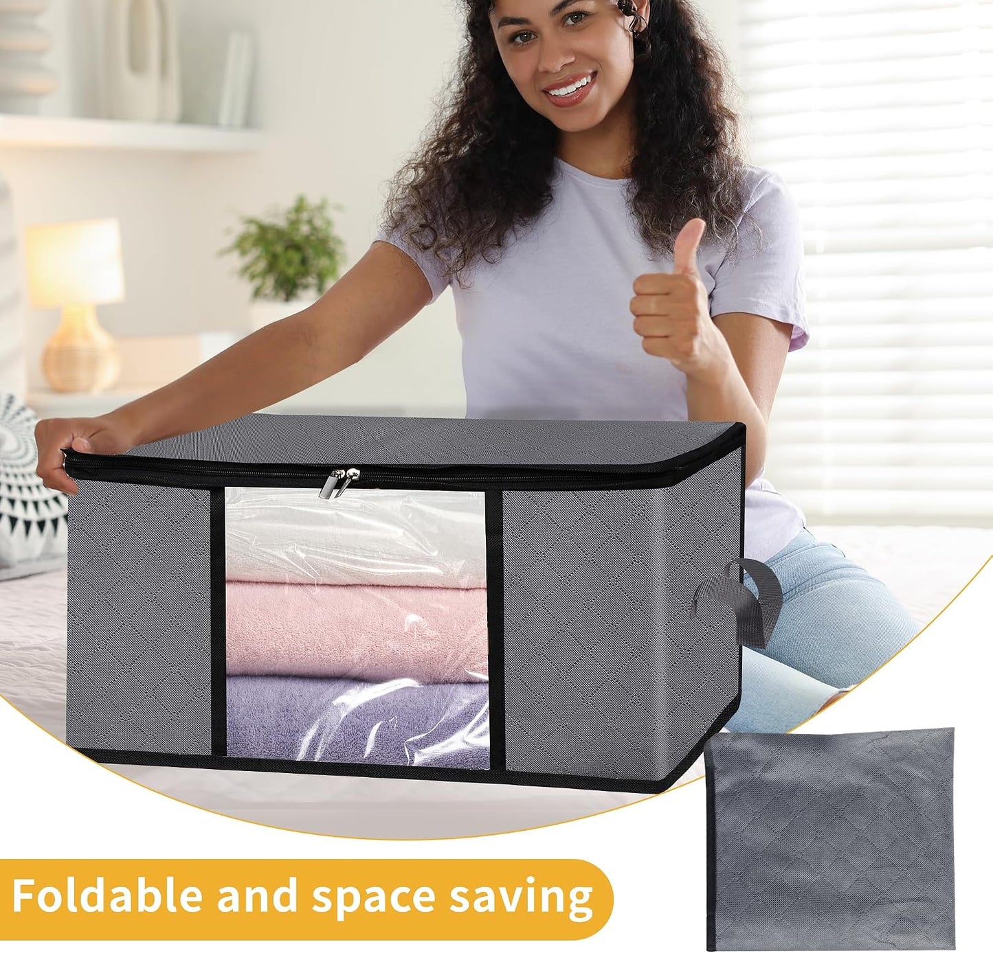 3 Pack Storage Bags, 45L Foldable Clothes Storage Bins with Lids, Closet Organizers Blanket Storage Bags with Zippers Clear Window Sturdy Handles for Clothing Bedding Comforter Sweater Pillows (Gray)