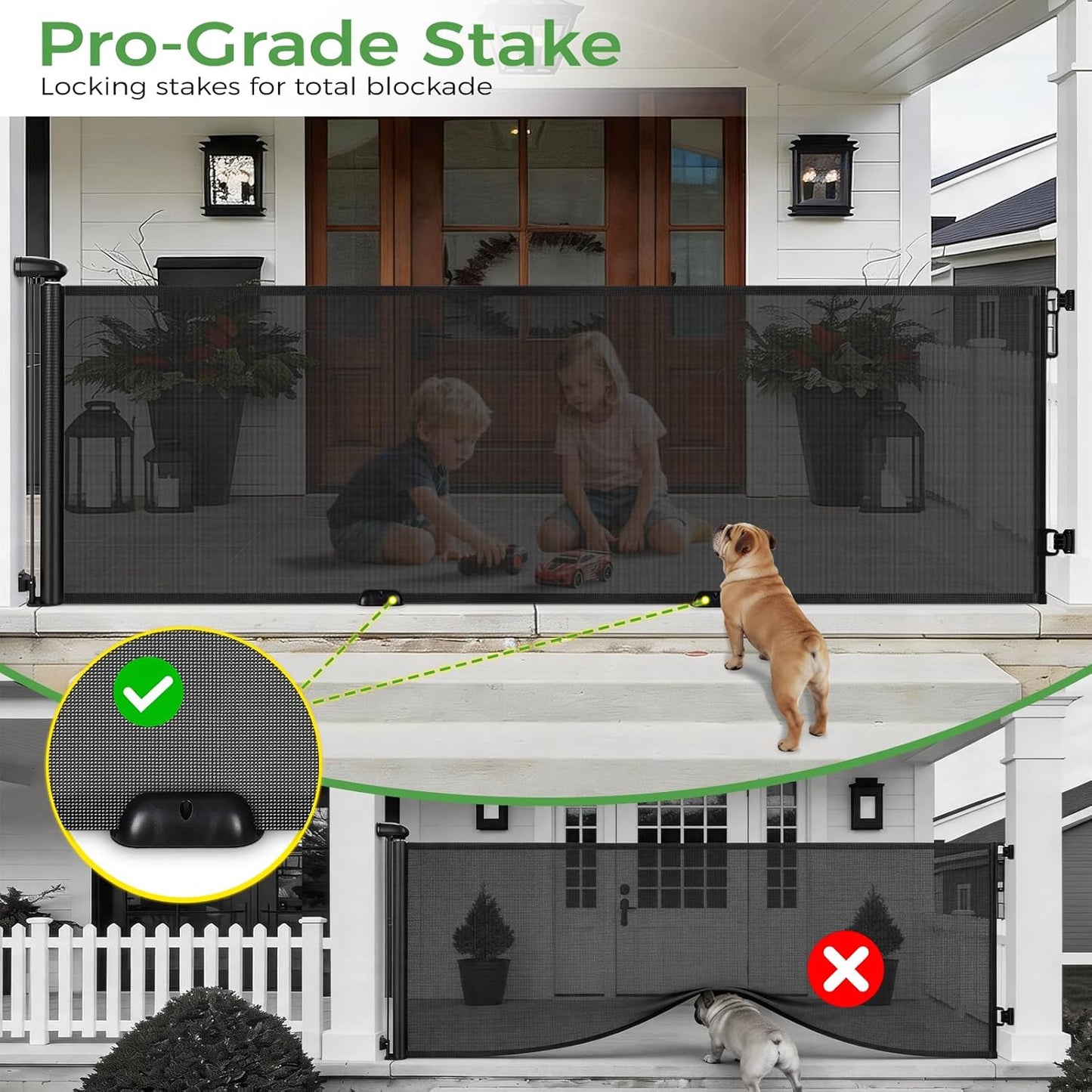 FRUITEAM 120" Wide Outdoor Waterproof Retractable Gate for Dogs & Kids – Ground Stakes, Easy One-Hand Operation, Scratch-Resistant & Tear-Proof Mesh for Indoor/Outdoor Use on Garage, Driveway – Black