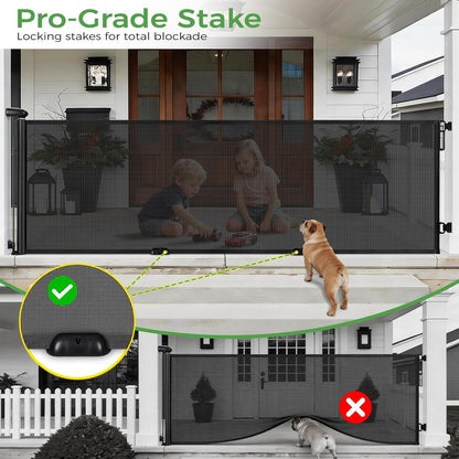 FRUITEAM 120" Wide Outdoor Waterproof Retractable Gate for Dogs & Kids – Ground Stakes, Easy One-Hand Operation, Scratch-Resistant & Tear-Proof Mesh for Indoor/Outdoor Use on Garage, Driveway – Black