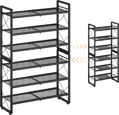 ELYKEN Shoe Rack, 2-Tier Expandable Shoe Organizer for Closet, Metal Black Shoe Shelf with 4 Hooks, Adjustable Shoe Stand Holder for Entryway, Garage, Door Entrance