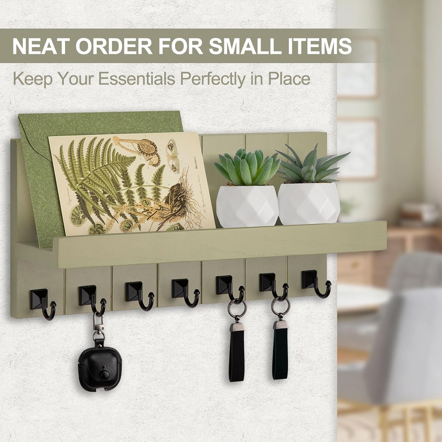 Key Holder for Wall, Decorative Key Holder with Shelf, Key and Mail Holder Wall Mount, Farmhouse Decor with 5 Key Hooks for Keys, Coats, ect.