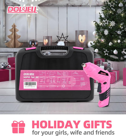 143 Pcs Pink Homeowner Tool Set with 3.6V Cordless Screwdriver General Household Hand Tool Kit with Plastic Tool box Storage Case for Women,Men