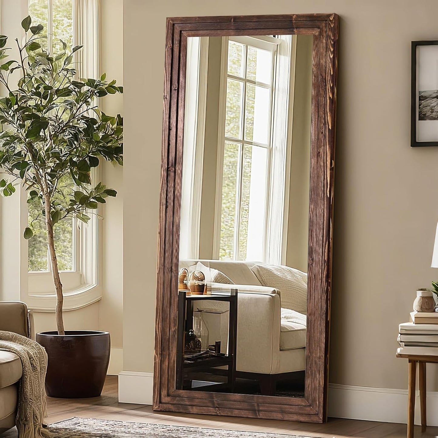 65"x22" Full Length Mirror Solid Wood Frame Floor Mirror with Stand for Living Room, Bedroom Hanging Standing or Leaning, Brown