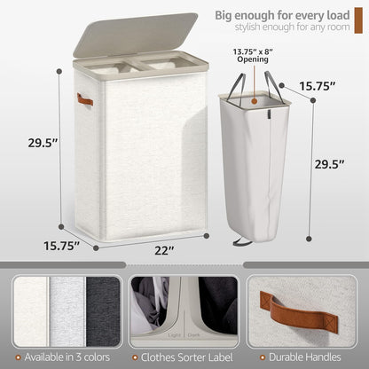 Sorbus Laundry Hamper with Lid - Collapsible 3-Compartment Fabric Laundry Basket with Handles and Removable Laundry Bag – 50 Gallon (190 L) Dirty Clothes Hamper for Bedroom, bathroom and dorm (Beige)