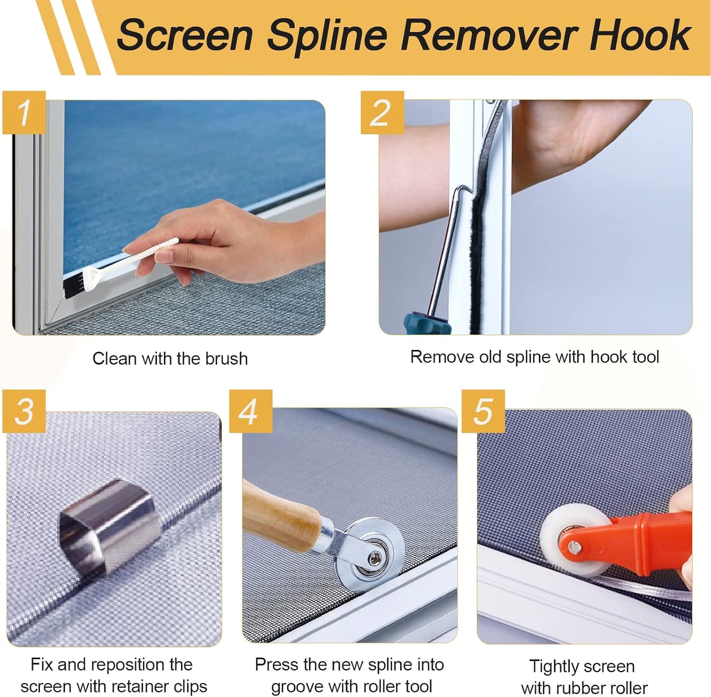 14Pcs Screen Repair Kit, Screen Repair Spline Tool 2Pcs Screen Rolling Tool with Bearing Spline Tools/Screen Spline Removal Hook/Groove Cleaning Brush/ 10Pcs Screen Installer Clips