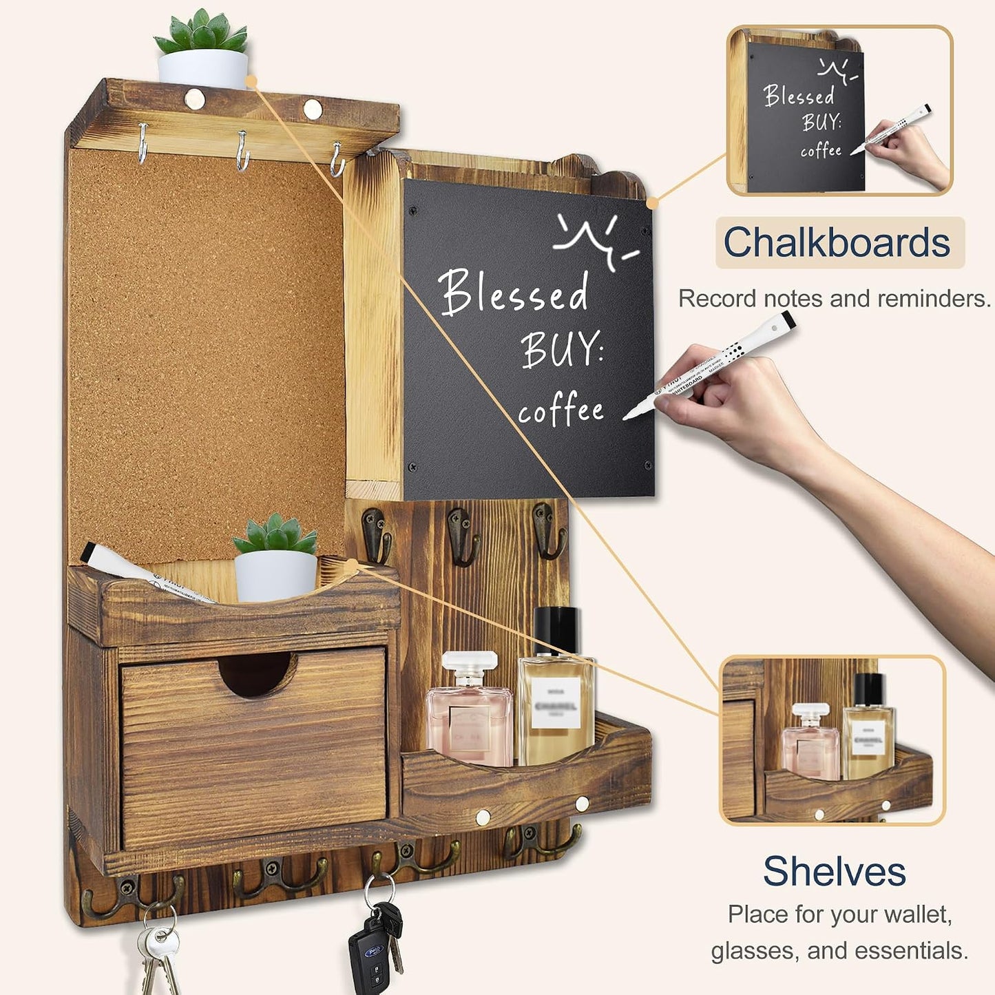 Key Holder for Wall Mount with Shelf and Mail Organizer, Key and Mail Holder with 16 Hooks, Farmhouse Entryway Organizer, Home Decor Rack (Pine Wood, Black)