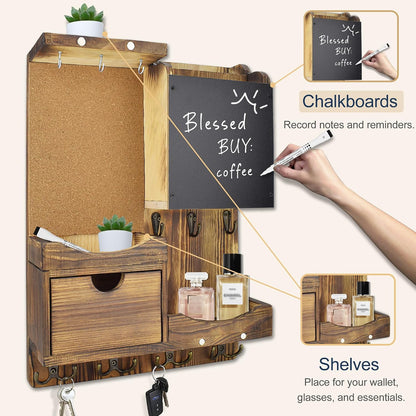 Key Holder for Wall Mount with Shelf and Mail Organizer, Key and Mail Holder with 16 Hooks, Farmhouse Entryway Organizer, Home Decor Rack (Pine Wood, Black)
