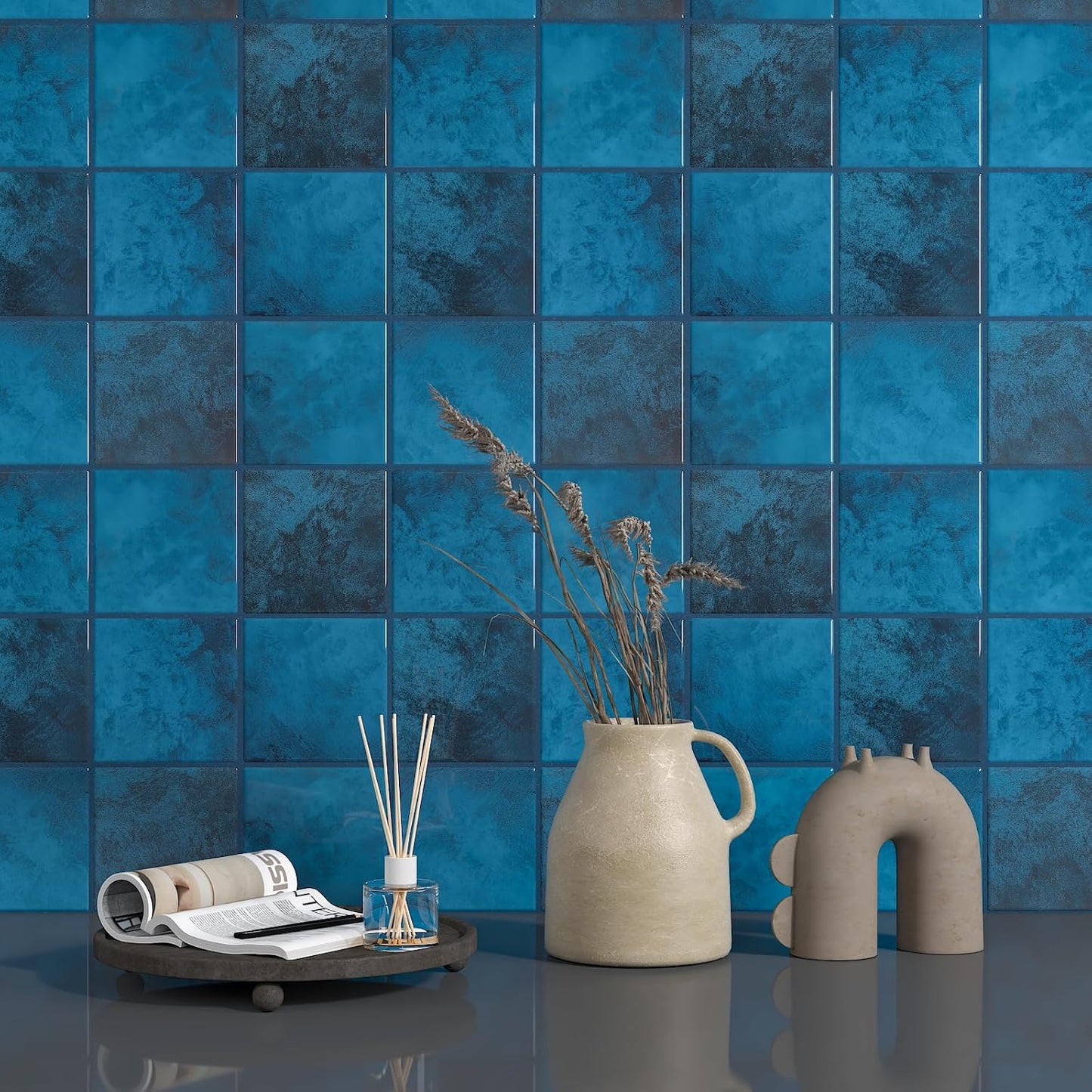 CHIHUT 6 Sheets 12"x12" Glossy Grey Concrete Checkered Peel and Stick Backsplash Tiles Waterproof Heat Resistant Self Adhesive Vinyl Wall Tiles for Kitchen Bathroom Laundry Room Renter Friendly Tiles