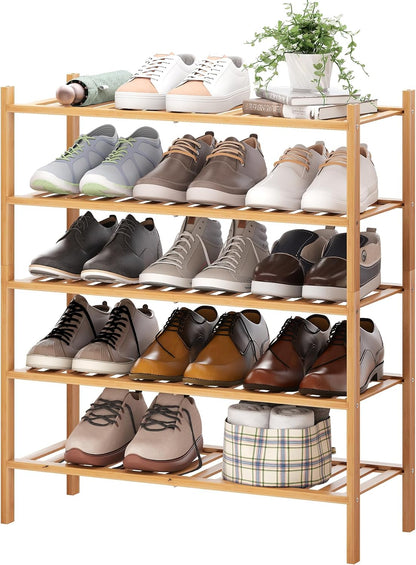 BMOSU 2-Tier Bamboo Small Shoe Rack Premium Stackable Shoe Shelf Storage Organizer for Hallway Closet Living Room Entryway Organizer (Black Bamboo)